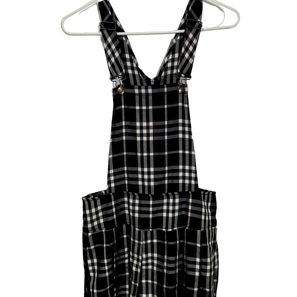 Tripp NYC Plaid Pleated Overalls Skirt Black White Dress